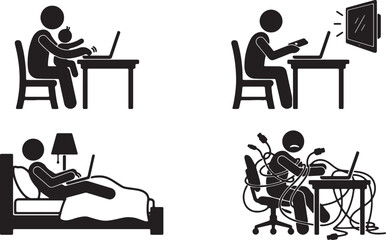 Set of four iconographic scenes depicting diverse ways of using laptops computer for work and leisure with various emotional states shown.