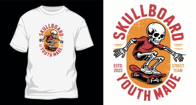 Skeleton skateboarder youth made street team t shirt design.