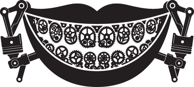 Mechanical gears and pistons forming smile, intricate steampunk style illustration with industrial parts on transparent background.