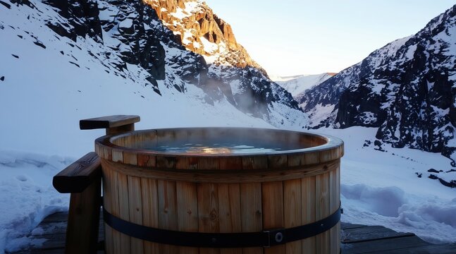 Wooden hot tub steams beside snow covered mountains. Geothermal water warms winter landscape. Relaxing outdoor bath experience in cold climate.