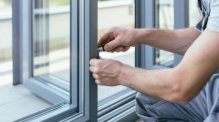 Naklejka premium Close-up of a technician adjusting an aluminum window frame with a screwdriver during installation or repair.