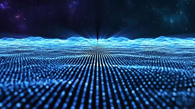 Digital blue grid background with starry night sky.