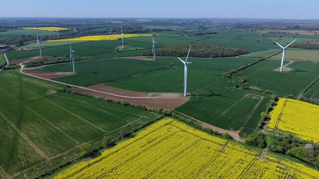 Aerial View of New Albion Wind Farm with Turbines Spinning in Bright Yellow Rapeseed Fields Near Corby UK
