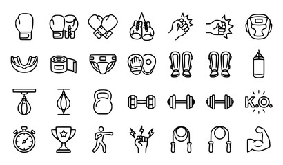 Editable boxing glove line icon collection with combat sports and gym training vector symbols © MdMoymul