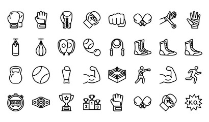 Modern boxing gloves vector icon set with sports fitness and fighting equipment outline symbols © MdMoymul