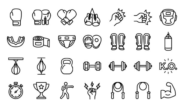 Editable boxing glove line icon collection with combat sports and gym training vector symbols
