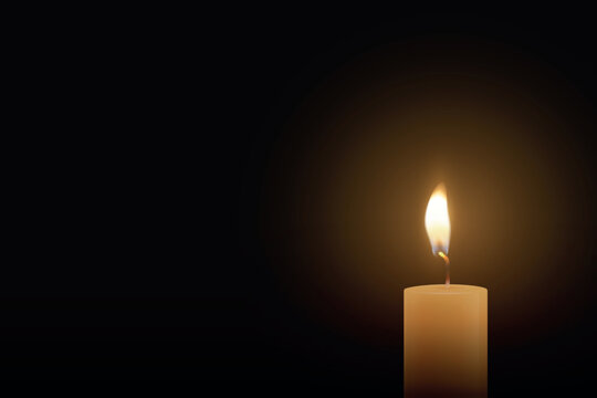 Candle Light, Vector Illustration with 3d Realistic Burning Flame on Dark Background. Memorial and Sympathy Horizontal Card Template. Spiritual, Calm Design For Remembrance, Meditation, Condolence