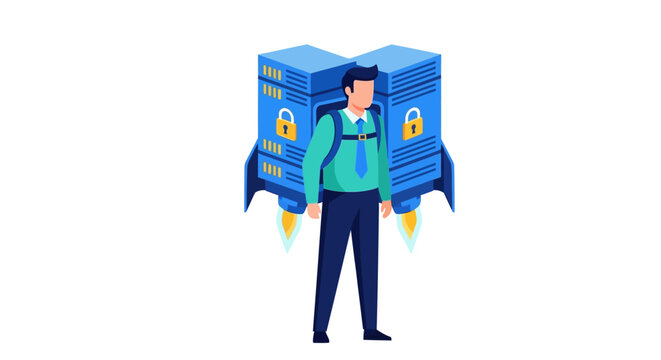 Businessman with Secure Server Jetpack Concept for Data Protection, Fast Cloud Hosting and Cybersecurity Growth Illustration