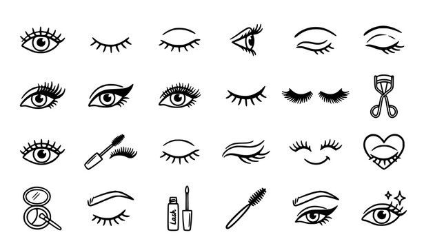 Hand drawn eyelash icon set with beauty eye outline symbols for cosmetic and salon vector design