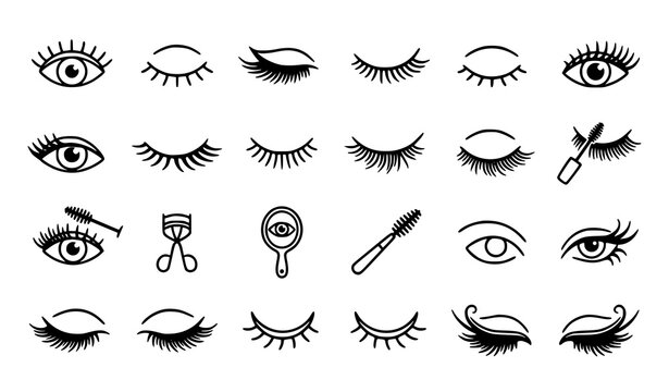 Black eyelash and eye outline icon collection with elegant beauty salon vector symbols