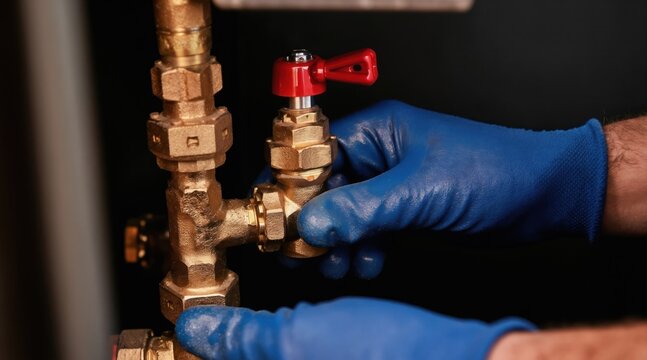 Hands in blue gloves tighten brass gas valve on pipe. Professional plumber works on domestic supply system. Worker installs connection fitting on pipeline.