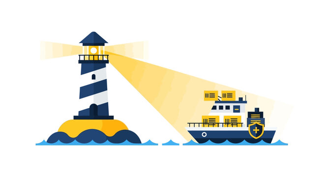Lighthouse Guiding Cargo Ship with Safety Shield Icon Flat Vector Illustration for Logistics and Security Concepts