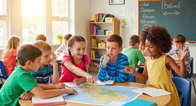 A group of elementary school children are gathered around a table, intently studying a large map. They are engaged in a collaborative learning activity, pointing and discussing the map's details.