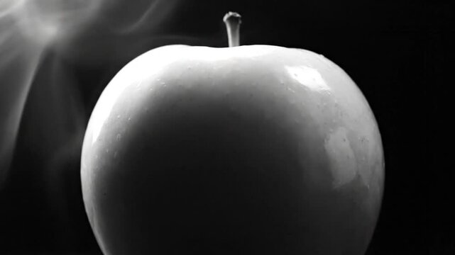 Black and white close up of a shiny apple with smoke rising around it, emphasizing detail.