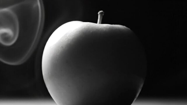 Black and white apple with stem surrounded by wispy smoke against dark background, artistic still life