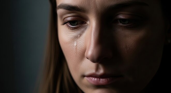 A young woman with brown hair weeps tears onto her face. Her expression conveys deep sadness and vulnerability.