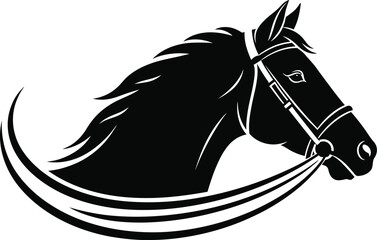 Black silhouette of a horse head with a flowing mane and bridle, silhouette © SADIA