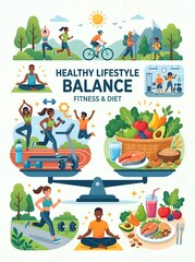 Fototapeta premium Healthy lifestyle balance illustration with fitness and nutrition