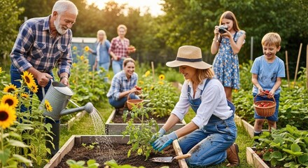 Obraz premium A multigenerational family enjoys gardening together in a sunny backyard. An elderly man waters plants with a watering can, while a woman plants seedlings in a raised garden bed.