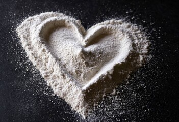 Heart shaped flour on black background