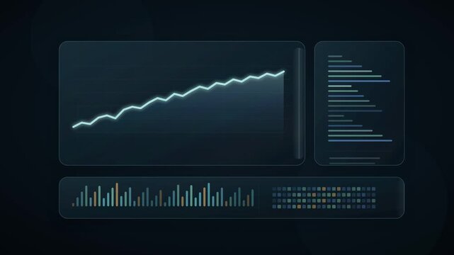 Data dashboard interface displaying financial stock market trends with analytical charts and digital information processing elements for professional business analysis background