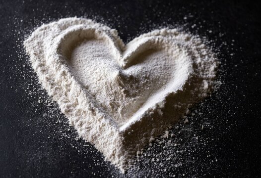 Heart shaped flour on black background