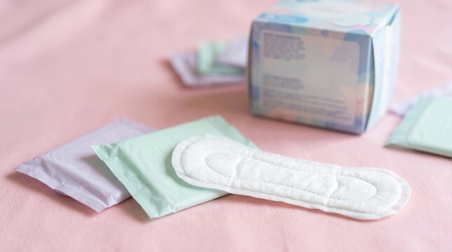 Sanitary pads and feminine hygiene products on soft pink background with pastel packaging and wellness concept