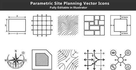 Parametric site planning vector icons set, zoning grids, contour mesh, land division, slope analysis, circulation diagrams, CAD optimization design © ArtFlex