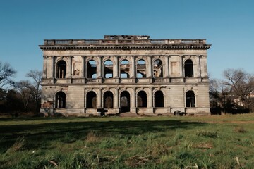 Fototapeta premium Old abandoned stone mansion exterior stands in overgrown grass field. Empty windows, crumbling facade, broken architecture, clear blue sky background. Historic house.