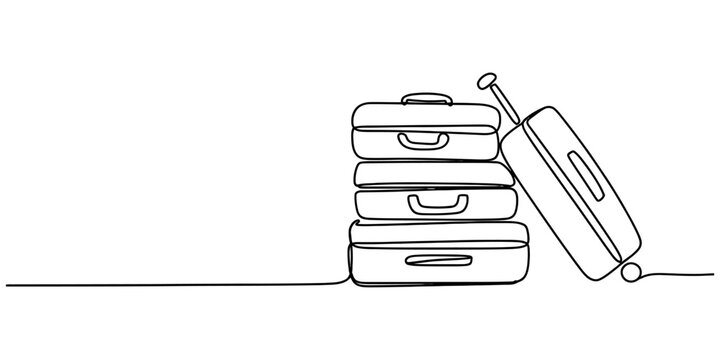 Continuous single line drawing of a stack of travel suitcases and a rolling luggage bag for vacation and tourism concept Vector, illustration