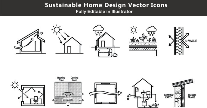 Passive architecture vector icons set, solar orientation, ventilation flow, green roofs, rainwater harvesting, energy efficiency zoning, sustainable CAD design icons