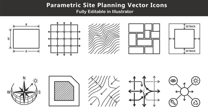Parametric site planning vector icons set, zoning grids, contour mesh, land division, slope analysis, circulation diagrams, CAD optimization design
