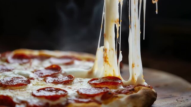 Freshly baked pizza with melted cheese and pepperoni on a wooden board being pulled apart in a kitchen setting