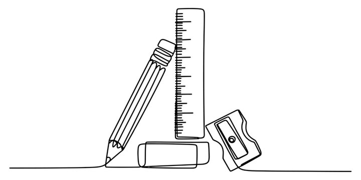 Continuous single line drawing of a pencil ruler eraser and sharpener school supplies stationery set for education and creative office work concepts Vector, illustration