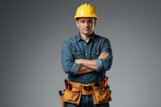 Middle-aged man with yellow hard hat and tool belt poses with crossed arms. Confident construction worker, carpenter or builder, ready for home improvement project, professional skilled trade man.