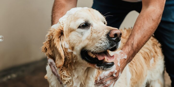 Man washes golden retriever dog outdoors with soap and water. Pet has foam on head, owner gently scrubs fur. Happy animal enjoys bath time, feeling clean and refreshed.