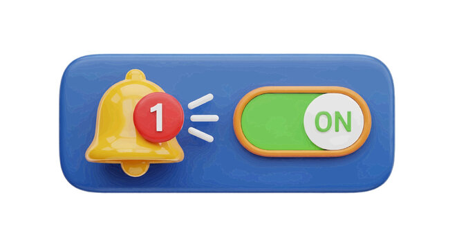 Vector illustration of 3d notification bell icon with toggle switch set to on position on a transparent background