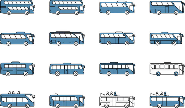 Colorful bus coach vehicle icon collection for public transportation travel transit and urban design services projects