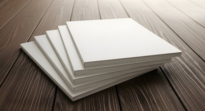 Stack of blank white notebooks or brochures on a dark wooden table surface