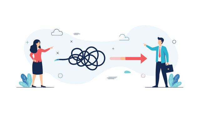 Team solves complex problem by transforming tangled line into straight arrow representing clarity and simple solutions.