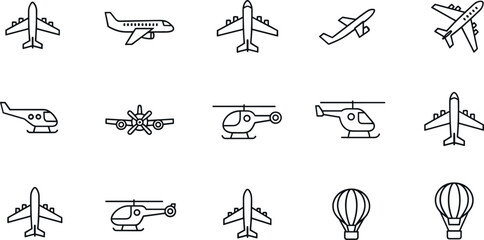 Aircraft outline icon collection with airplanes helicopters and hot air balloons for aviation transport design projects © MDNUR