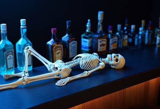 Human skeleton lying on a bar counter with rows of alcohol bottles