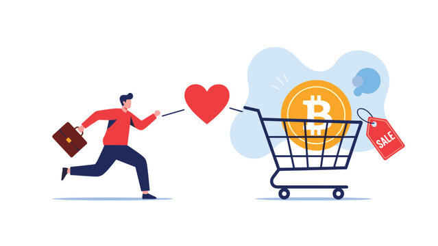 Motivated man running with a red heart symbol toward a shopping cart containing a Bitcoin to represent crypto passion.