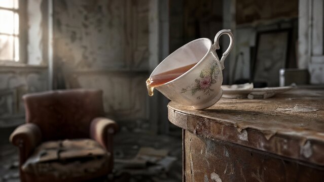 garroted. A tilted teacup on a table edge, tea nearly spilling in the morning light. bar promotions, beverage menus, designed for product packaging and bar promotions, enhances appetite appeal.