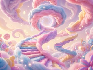 Obraz premium Vibrant DNA helix made of candy twists through colorful fantasy landscape with swirly clouds and sparkling lights in sweet scenery.