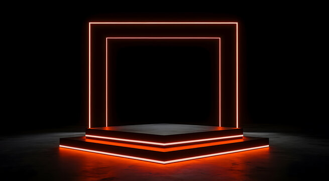 Futuristic Neon Square Podium with Red Light Frames for Product Presentation on Dark Background
