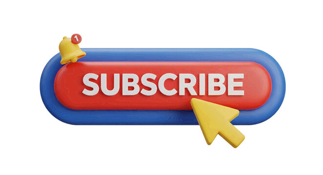 Vector illustration of 3d subscribe button with bell icon and cursor on a transparent background