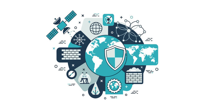 Global Cybersecurity and Digital Data Protection Concept Illustration with Satellite, World Map, Shield and Network Icons for Information Security
