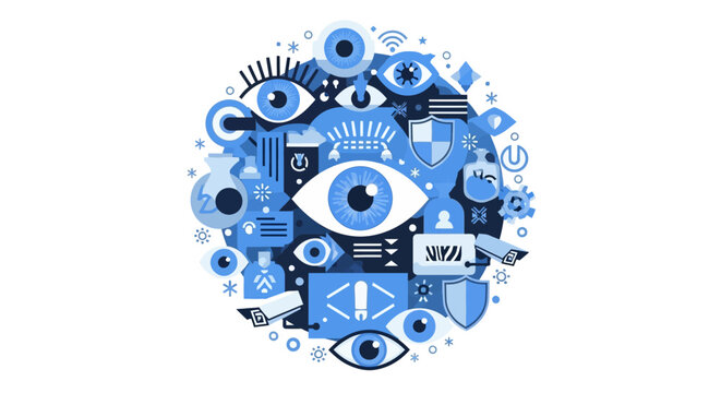 Abstract Cybersecurity and Surveillance Icon Composition with Monitoring Eyes, Digital Privacy, Data Protection, and CCTV Security Symbols on White Background