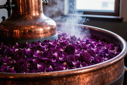Copper alembic heats purple rose petals in water creating steam for essential oil extraction. Traditional perfumery production involves botanical ingredients and handcrafted methods.